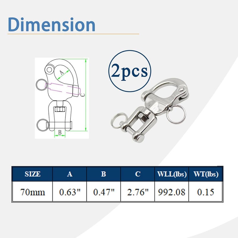 Bedrug Snap Shackle Quick Release 316 Stainless Steel Jaw Swivel Snap Shackle Heavy Duty Marine Sailboat Shackles for Sailing Halyard, Sailing Rigging 2pcs - Image 2